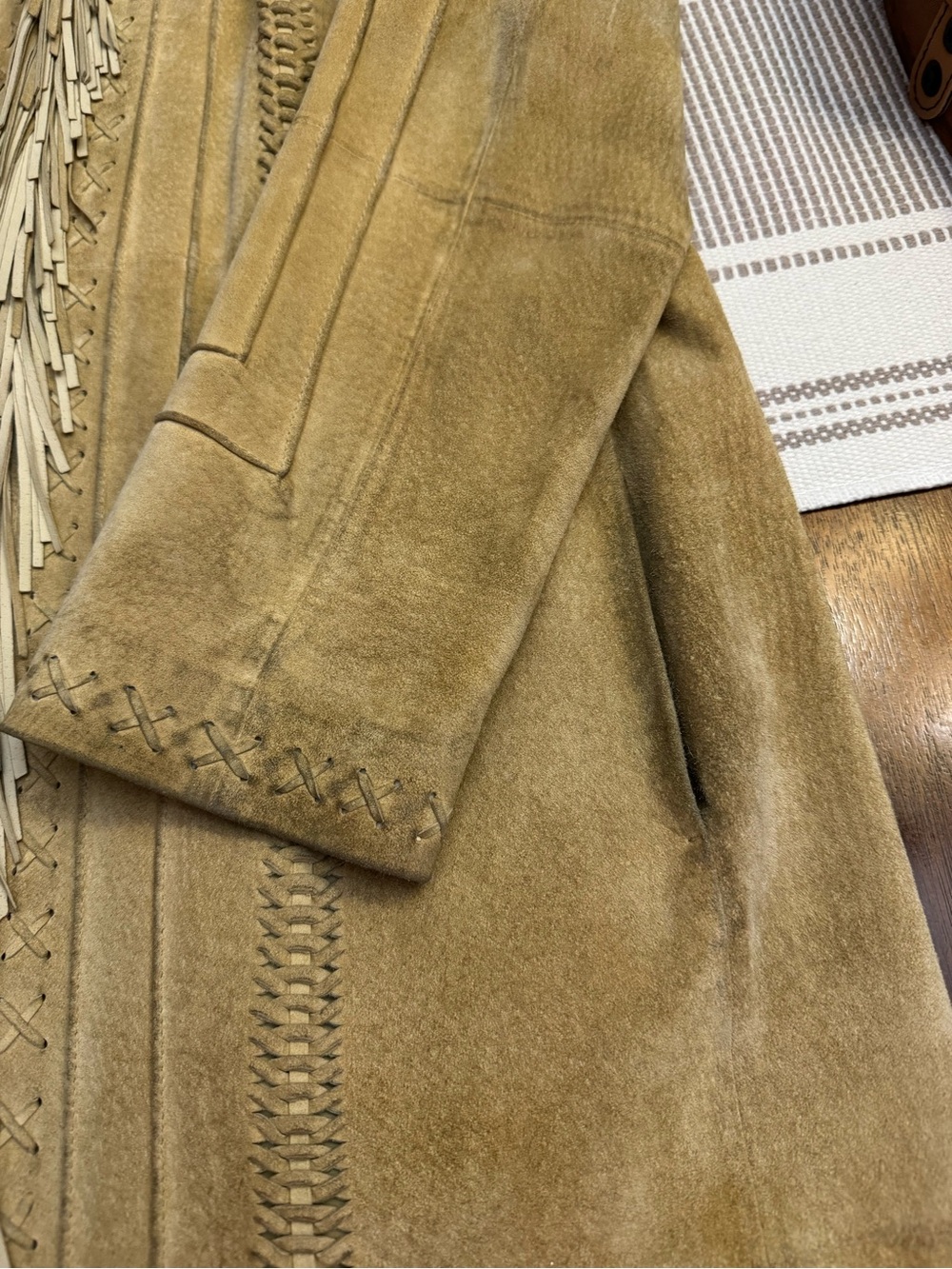 Vintage Victoria’s Secret Moda International Fringe Trim Suede Long Coat - Tan - Picture 4 of 9